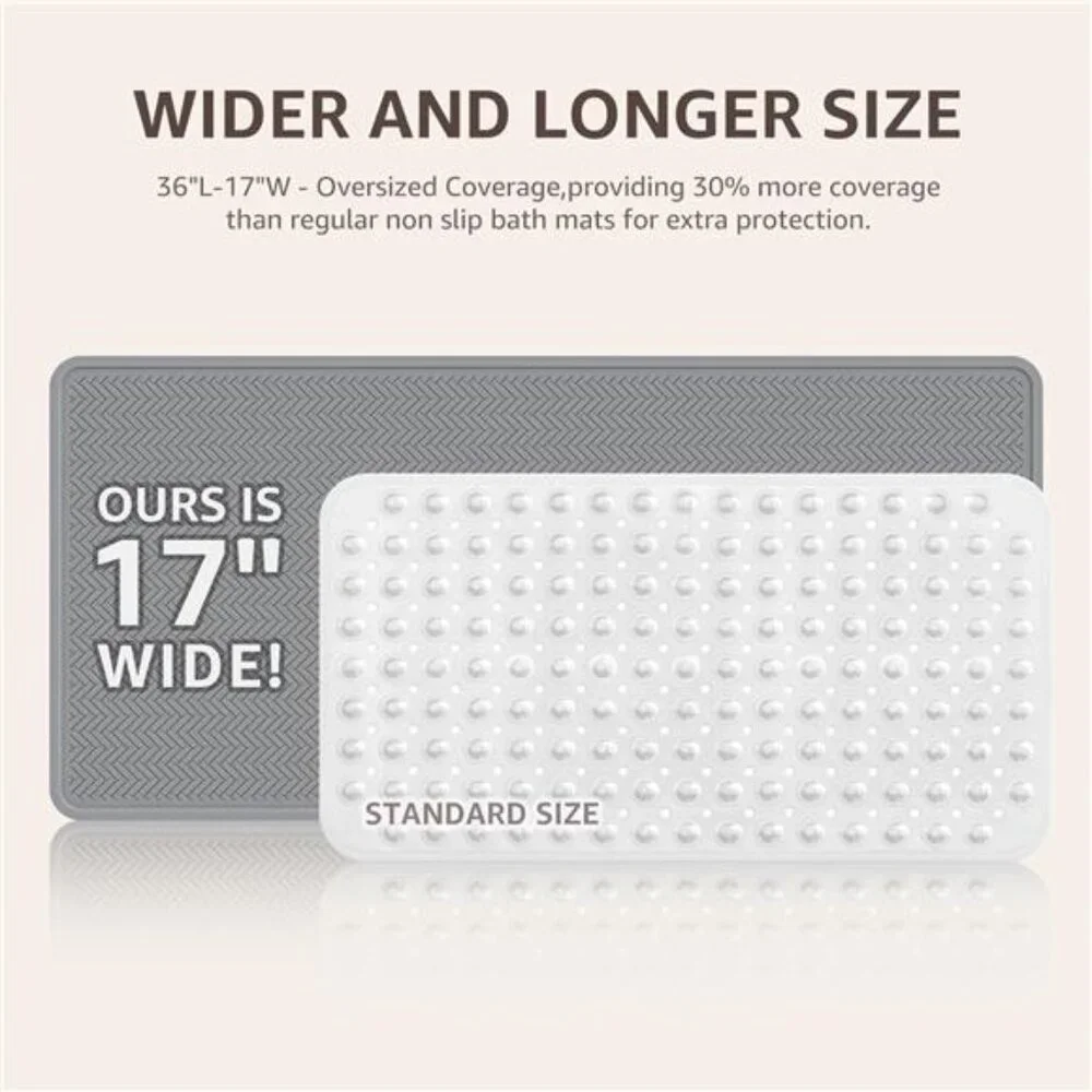 Non Slip Bathtub Mat Extra Long Rubber Shower Mat 332 Suction Cups Grey 36x17